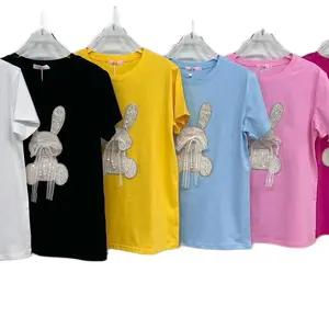 T-shirt 100/100 Cotton Good Quality Top Womenswear in Assorted Colors Round Neck Cute Age-Reducing Bow Pearl Decor Casual Elegant Slim Fit