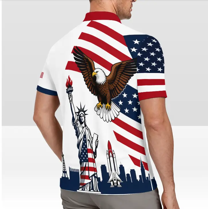 Summer Gift for Men, Usa Flag Eagle Liberty Statue Print, Short Sleeve, Casual Patriotic Polo Shirt, All Seasons