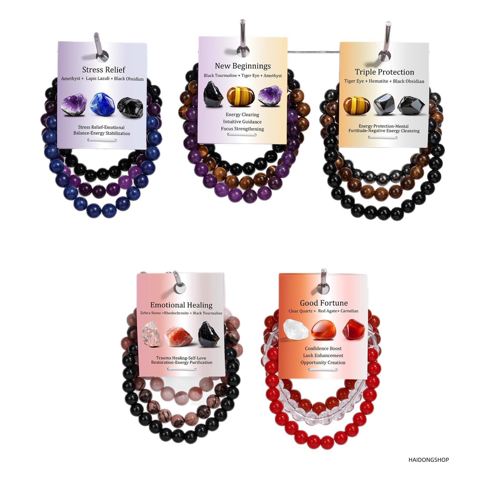 Women’s gemstone bracelet set, 8 mm elastic stretch crystal stone stackable wrist jewelry, spiritual emotional self-healing beaded bands, trendy layering accessory, sentimental birthday gift for everyday casual self-care wear
