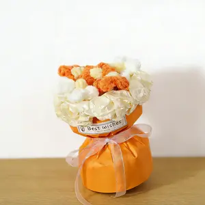 Handmade Knitted Flower Bouquet | Artificial Flowers | Vibrant Faux Flowers | "Best wishes" Gift Tag | Orange & White Cotton Flowers | Perfect for Graduation/Birthday/Christmas/Anniversary | Cozy Room Decor | Decorative |