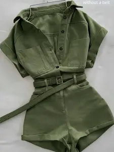 New Casual Workwear Romper Overalls for Women, Multi-Pocket Short Sleeve Shorts Dress, Comfortable and Stylish for Daily Wear
