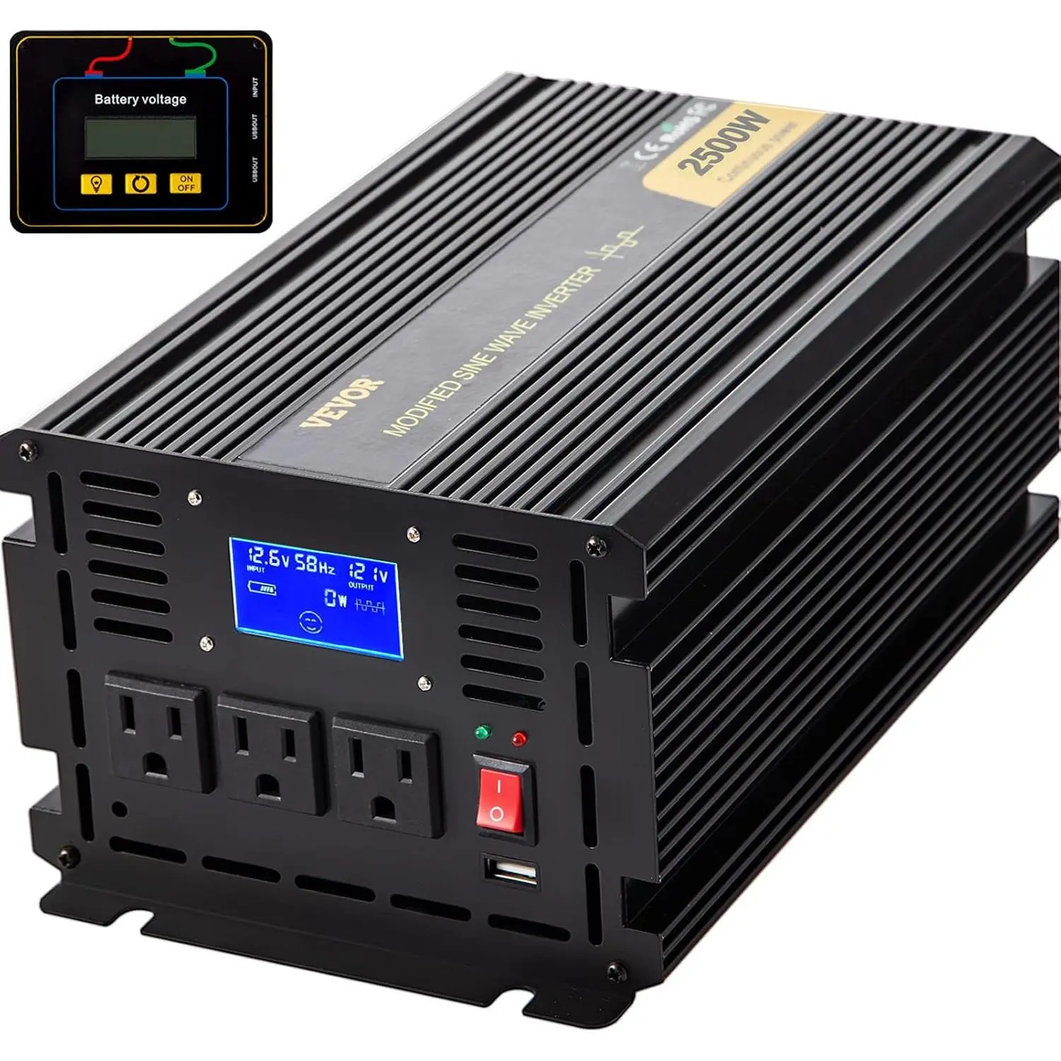 VEVOR Power Inverter, 2500W Modified Sine Wave Inverter, DC 12V to AC 120V Car Converter, with LCD Display, Remote Controller, LED Indicator, AC Outlets Inverter for Truck RV Car Boat Travel Camping