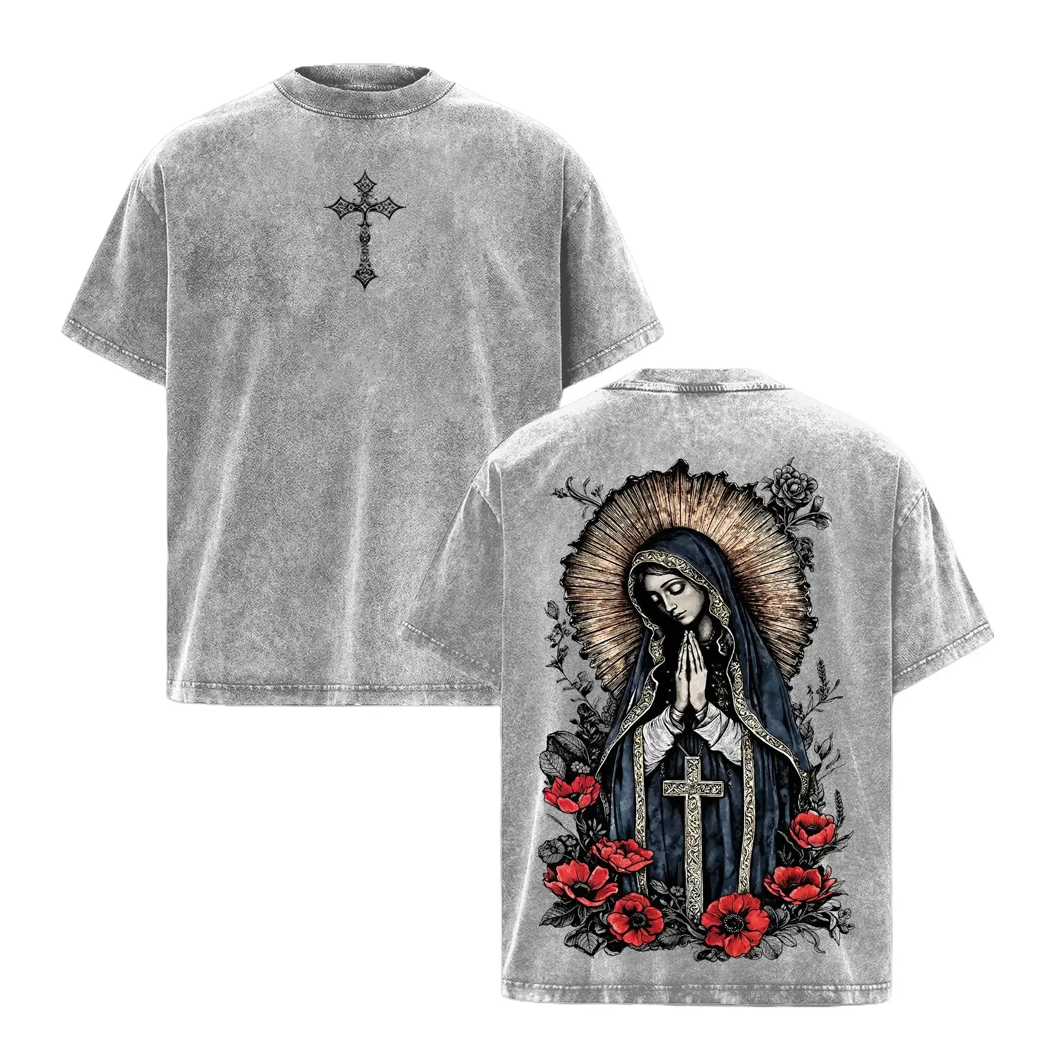Men's Vintage Washed Virgin Mary Prayer Christian T-Shirt - Menswear Top, Short-Sleeve, Casual, Affordable Fashion, Catholic Faith, Blessed Mother, Cross Graphic, Round Neck Oversized Streetwear Tee