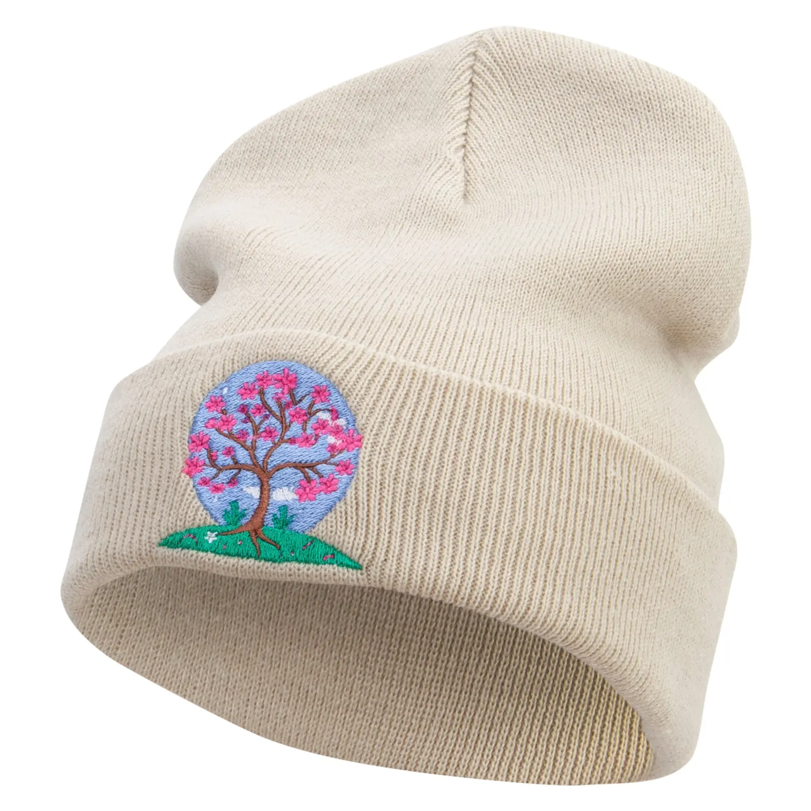 Cherry Blossom Tree Embroidered 12 Inch Long Knitted Beanie