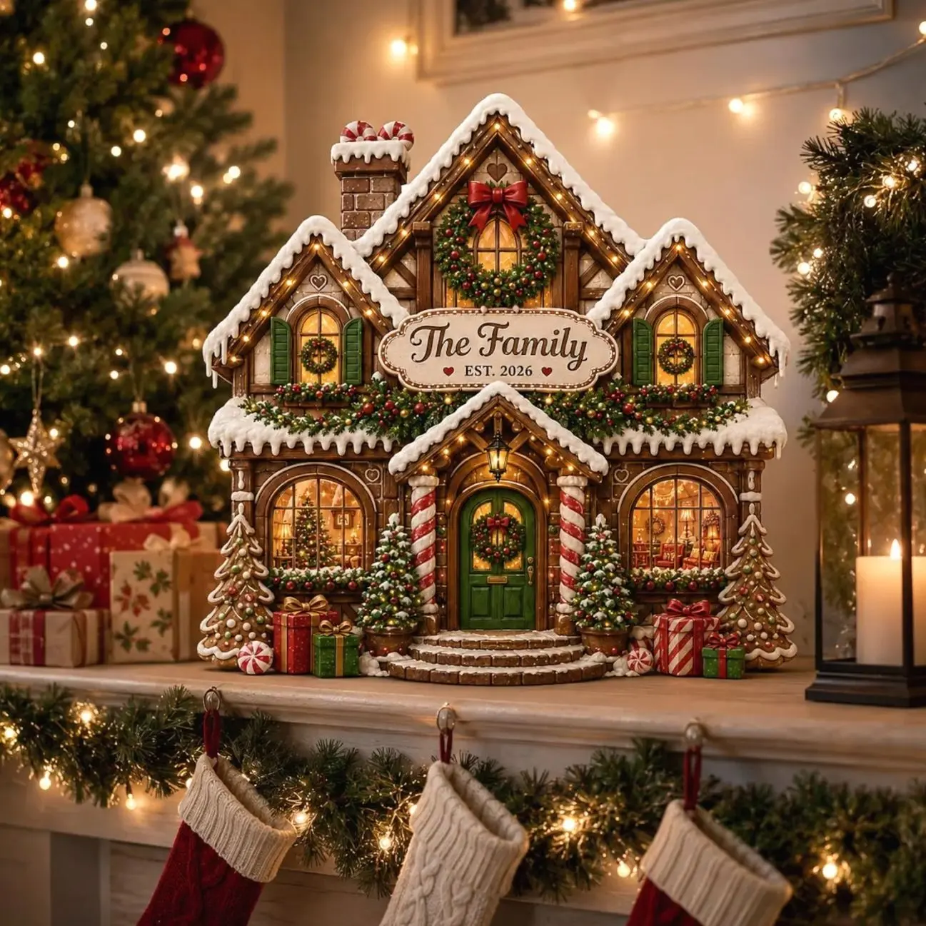 Personalized Christmas Gingerbread House Wooden Block, Custom Family Name Sign, Festive Mantel Decor, Holiday Housewarming Gift, Xmas Decor