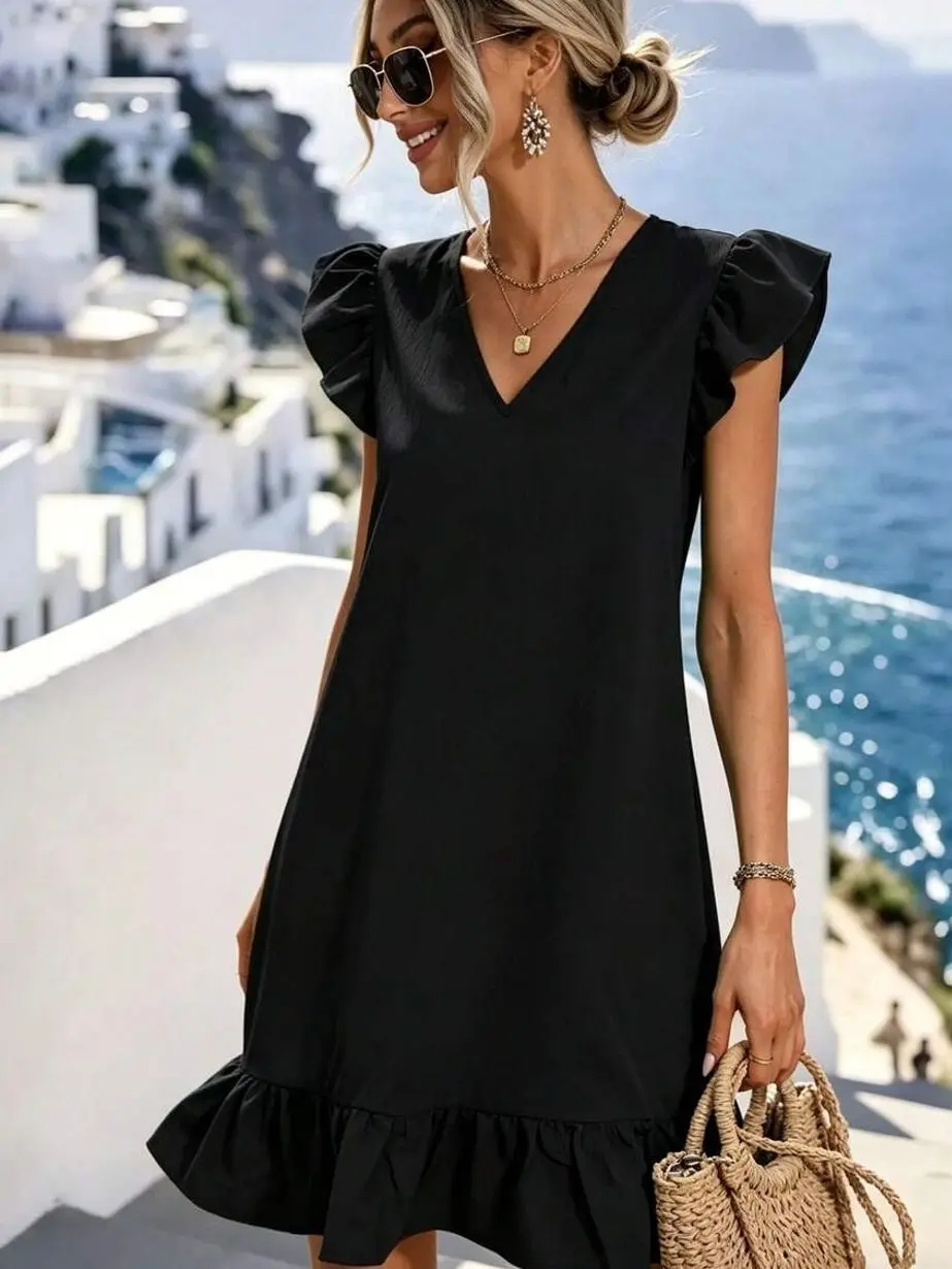 V-Neck Smock Dress, Lightweight Ruffle Trim Sleeveless Beach Sun Dress for Summer