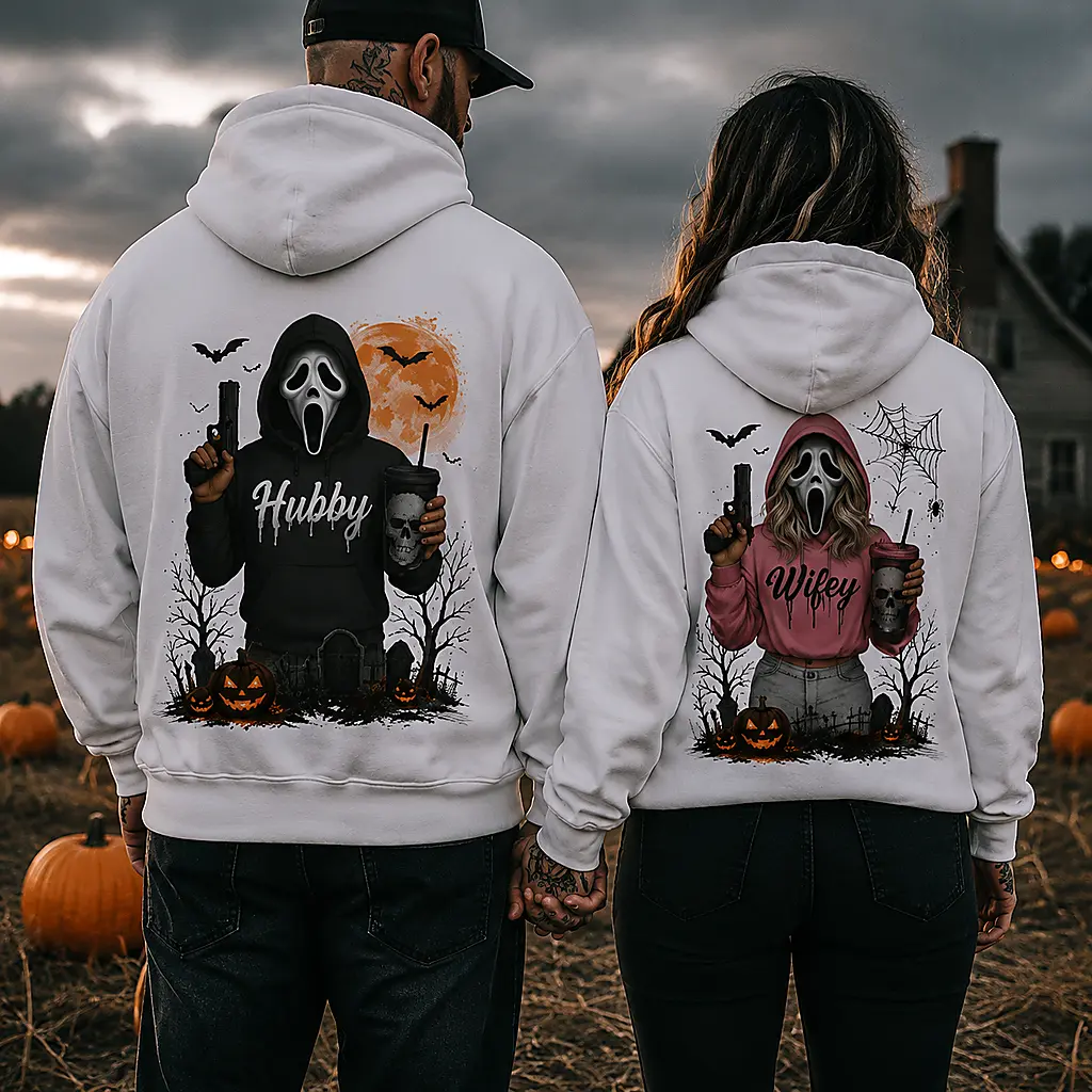 Hubby Ghostface Mens Pullover Hoodie Halloween Couple Matching Hooded Sweatshirt Spooky Scream Back Print Hoodie Back To School Halloween Couple Gift For Him