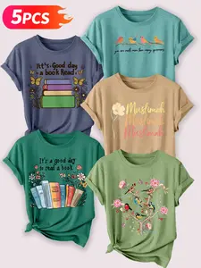 Women's 5-Pack Crew Neck T-Shirts, Book & Bird Print (Reading Slogan, Little Birds, Muslimah Slogan, Floral Bird Tree), Multiple Colors Available, Machine Washable, Spring & Summer Top, Soft Skin-Friendly Fabric, Daily Versatile, Fashion Design