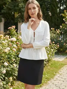 Women's Babydoll Neck Tie Waist Top, Ruffle Bubble Sleeve Design, Fresh Youthful Daily Commute Versatile Shirt