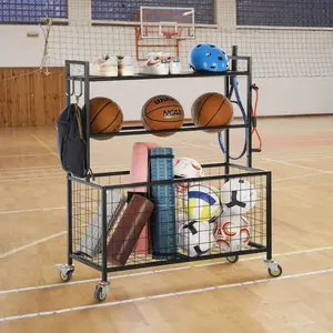 Black Metal and Burnt Wood Sports Ball Basket Cart, Gym Organizer Rack Trolley with Baskets, Hooks, and Caster Wheels