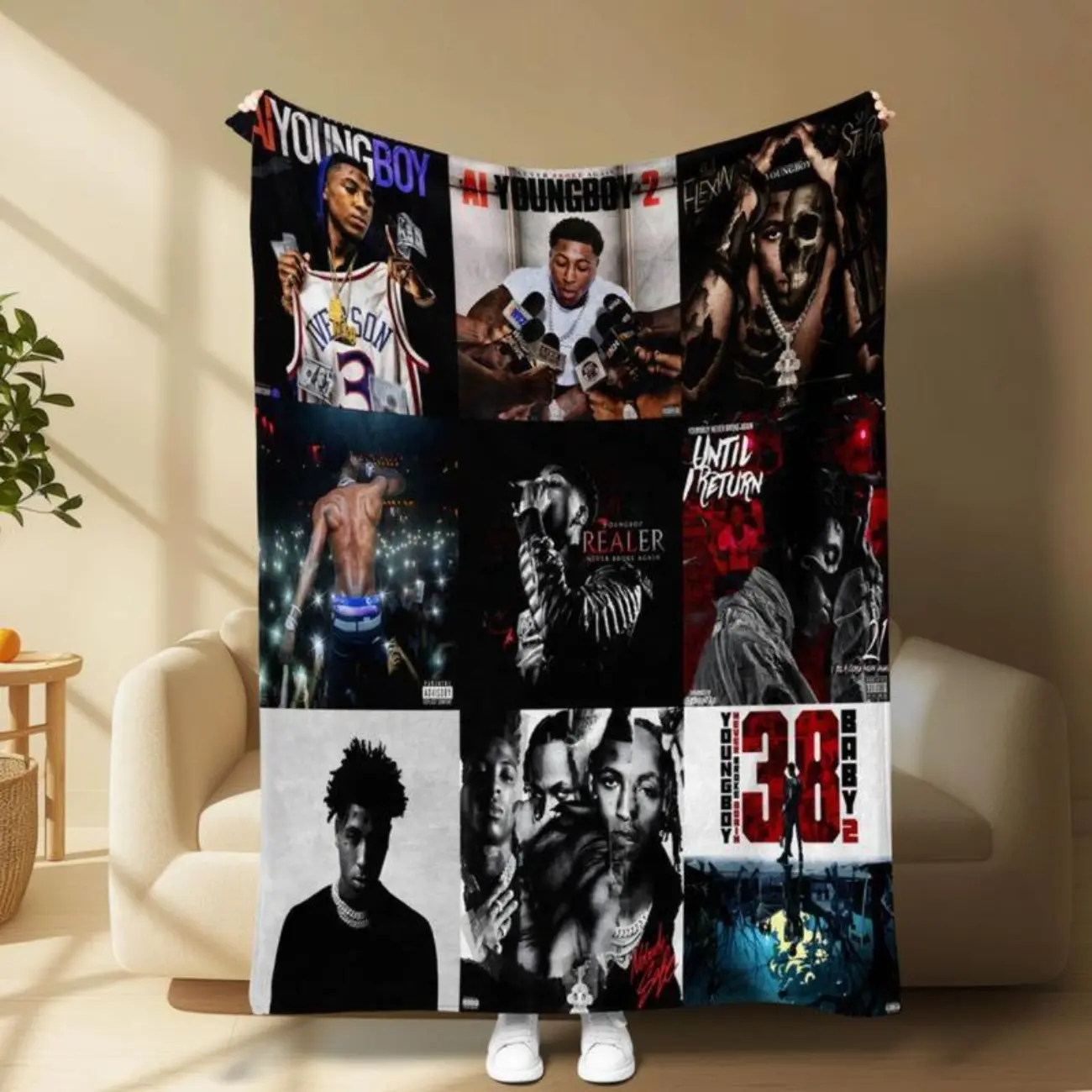 This hip-hop style blanket features the cover art from Youngboy's album. Soft and comfortable, it's a relaxing and stylish decorative piece for your air-conditioned room. It's a wonderful gift for children, family, and friends.
