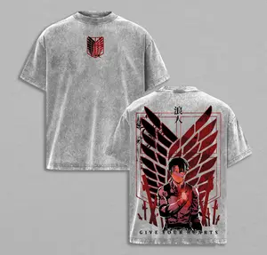Levi Ackerman "Give Your Hearts" Washed Attack on Titan Anime T-Shirt for Men, Short-Sleeve Menswear Top