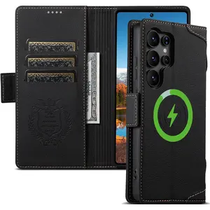 Premium Black Leather Magnetic Wallet Case for Samsung Galaxy S26/S25/S24/S23/S22 Ultra |   MagSafe Compatible Wireless Charging, 3 Card Slots & ID Holder, Kickstand, 360 °   Military Shockproof Protection