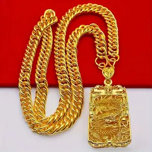 Men's Golden-Tone Dragon Pendant Necklace  Stylish Chunky Chain with Intricate Dragon Design, Bold Statement Jewelry for New Years Gift or Personal Style