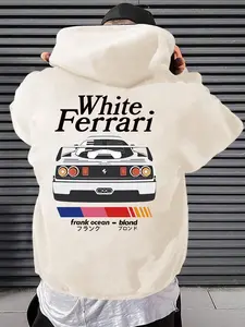 Men's Car & Letter Print Drop Shoulder Hoodie, Stylish Casual Drawstring Kangaroo Pocket Hooded Sweatshirt for Daily Holiday Outdoor Wear, Men Clothes for Fall & Winter, Graphic Hoodies