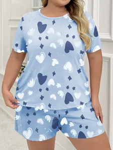 Summer New Plus Size Women's Cute Heart Print Lounge Set, Soft Knit Cozy Skin-Friendly Two-Piece, Casual Short Sleeve Round Neck Shorts