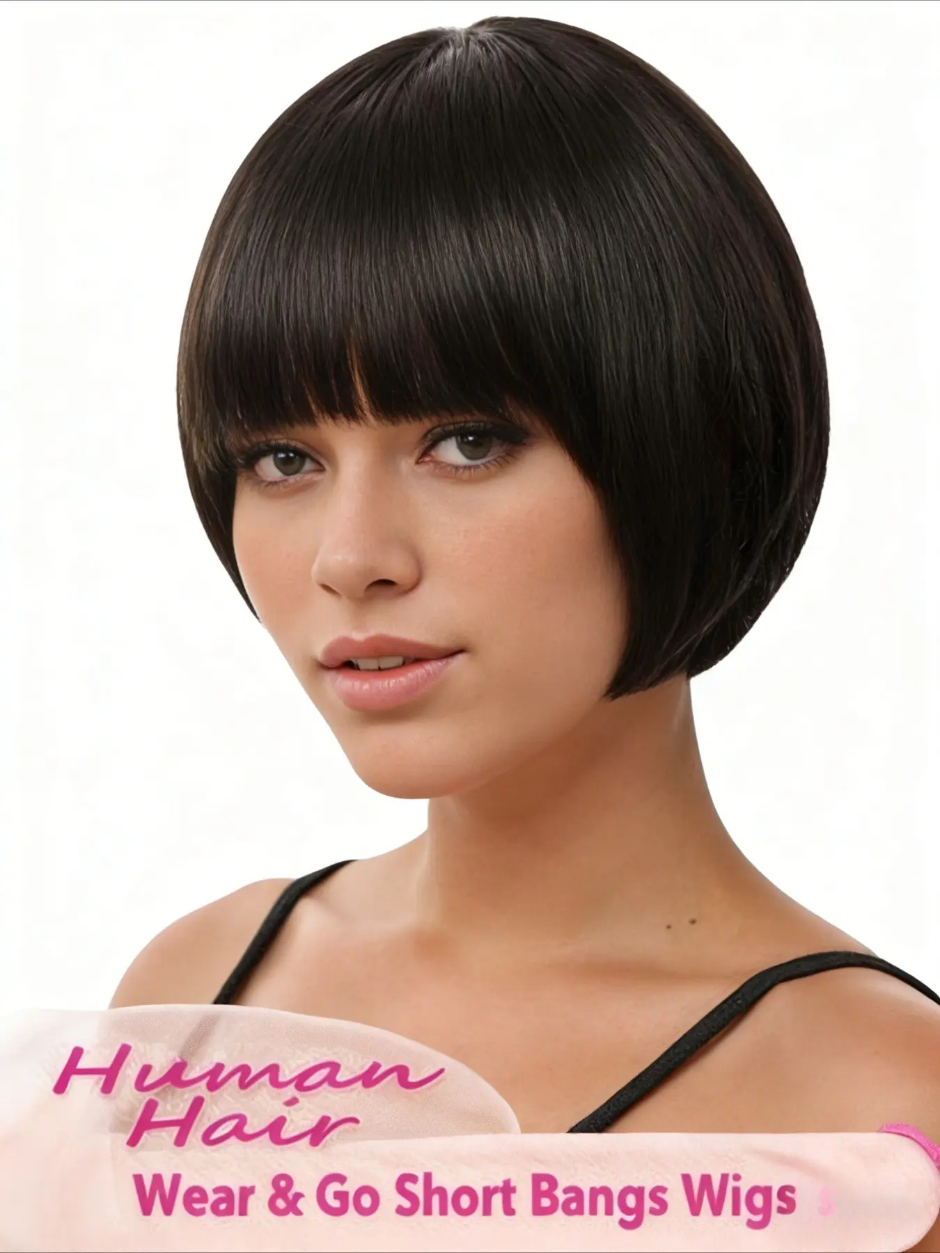 8 Inch Natural Straight Human Hair Bob Wig With Bangs,Glueless Machine Made Wear And Go Wig,Easily Wearable,Soft Silky Hair Texture,Natural Hairline Design,Suitable for Women Daily Wear and Party Styling