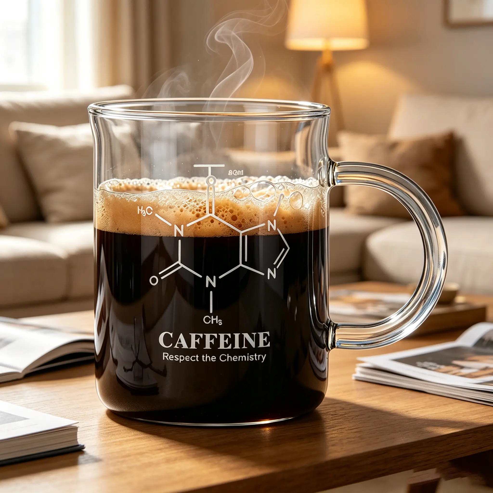 450ml Borosilicate Glass Caffeine Molecule Measuring Mug with Handle, Graduated for Coffee, Lattes, Hot & Cold Beverages
