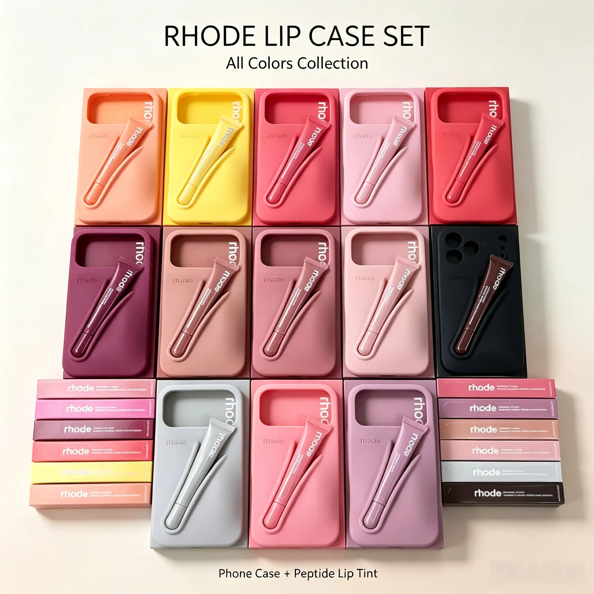 RHODE  Matching Lip Case Phone Case with Peptide Lip Tint Set, Silicone Phone Case Built-in Lip Gloss Holder, Matching Lip Tint & Phone Case Kit, Ins Trendy Lip Gloss Storage Phone Cover, Portable Lip Makeup Accessory Gift Set