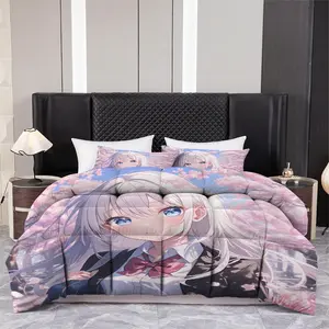 3pcs Printed quilt three-piece set (1 quiltr+2 pillowcases) - Vibrant Anime Character Cherry Blossom Comforter Set, Japanese Kawaii Aesthetic Bedding, Soft Cozy All Season Quilt for Bedroom Decor, Polyester Home Textile
