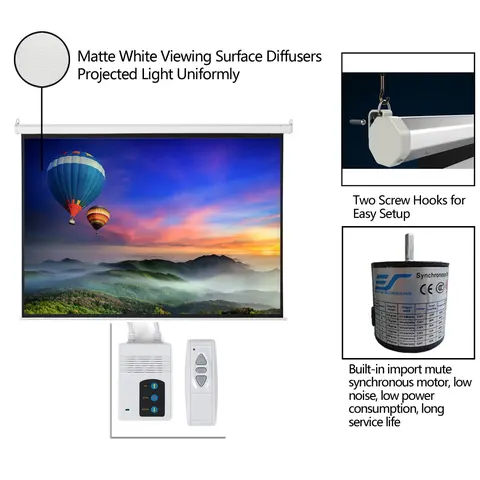 100-Inch Motorized Washable Projector Screen with Remote Control, Auto Drop/Rise, Matte Surface, High Gain, Integrated Power, HD Quality Anti-Crease Double-Sided Foldable Portable Screen for Home Theater, Church Use, Includes 2 x Screw Hooks, Screws