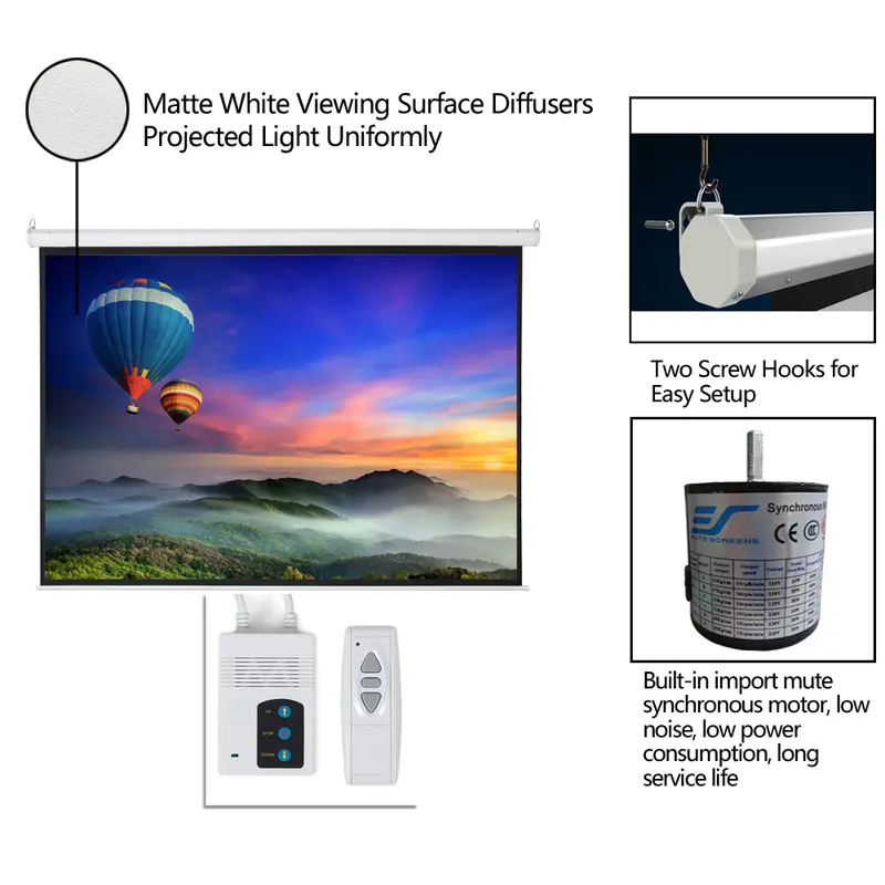 100-Inch Motorized Washable Projector Screen with Remote Control, Auto Drop/Rise, Matte Surface, High Gain, Integrated Power, HD Quality Anti-Crease Double-Sided Foldable Portable Screen for Home Theater, Church Use, Includes 2 x Screw Hooks, Screws
