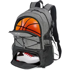 WOLT Basketball Backpack Large Sports Bag with Separate Ball Holder & Shoes Compartment Grey