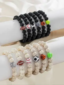 Fashionable Beaded Bracelet, Football & Basketball & Baseball & Tennis & Volleyball Charm Beaded Bracelet for Men & Women, Trendy All-match & Exquisite Jewelry for Birthday Gift