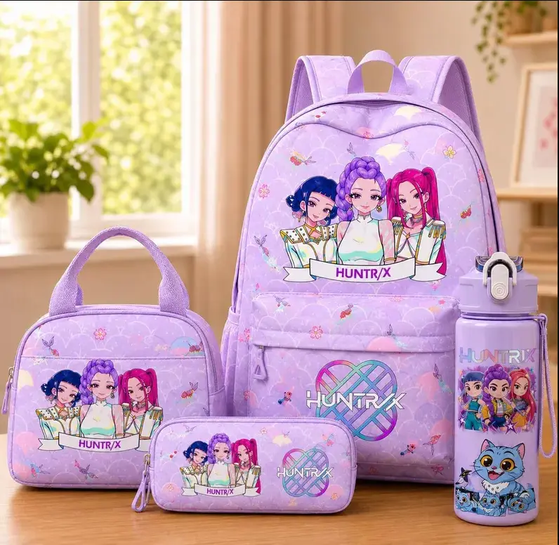 Kpop Demon Hunters 4PCS Aesthetic Graphic Backpack Set with Accessories | Anime Inspired Travel Bag Bundle | Stylish Everyday Carry Bag Collection
