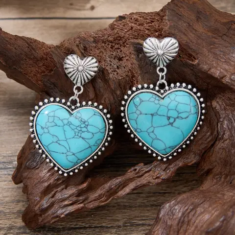 Vintage Western Bohemian Heart Turquoise Earrings, Fashionable Elegant Jewelry for Women, Party Holiday Dance, Perfect Gift for Her All Seasons