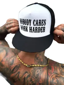 TheDriveClothing WORK HARDER Black & White Flat Bill Hat– Snapback Flat Brim Trucker Cap, Black & White Mesh Back, Unisex Streetwear Hat