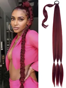 Long Braid Ponytail Extension with Hair Tie Straight Sleek Wrap Around Hair Extensions Braid Pony Tail Fluffy Natural Soft Synthetic Hairpieces for Women Daily Wear, 32 inch-Copper Red