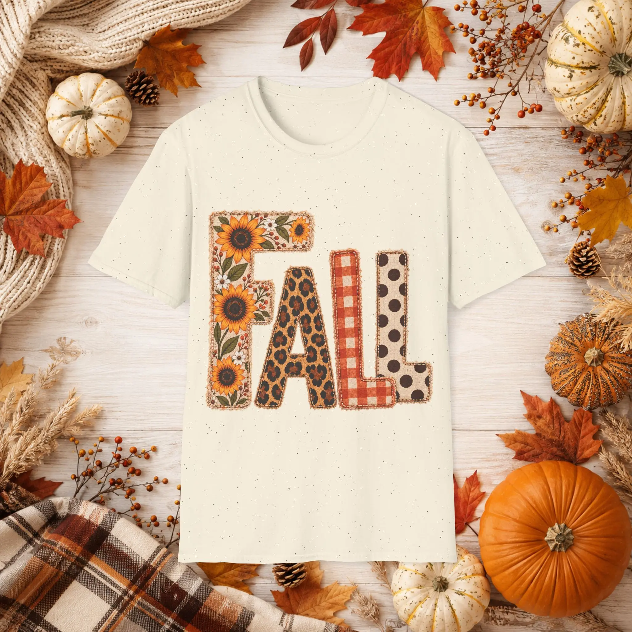 Fall Patchwork Letters T-Shirt casual short sleeve top - lightweight ring-spun cotton crew neck, distressed print sunflower, leopard & plaid applique - rustic everyday autumn layer