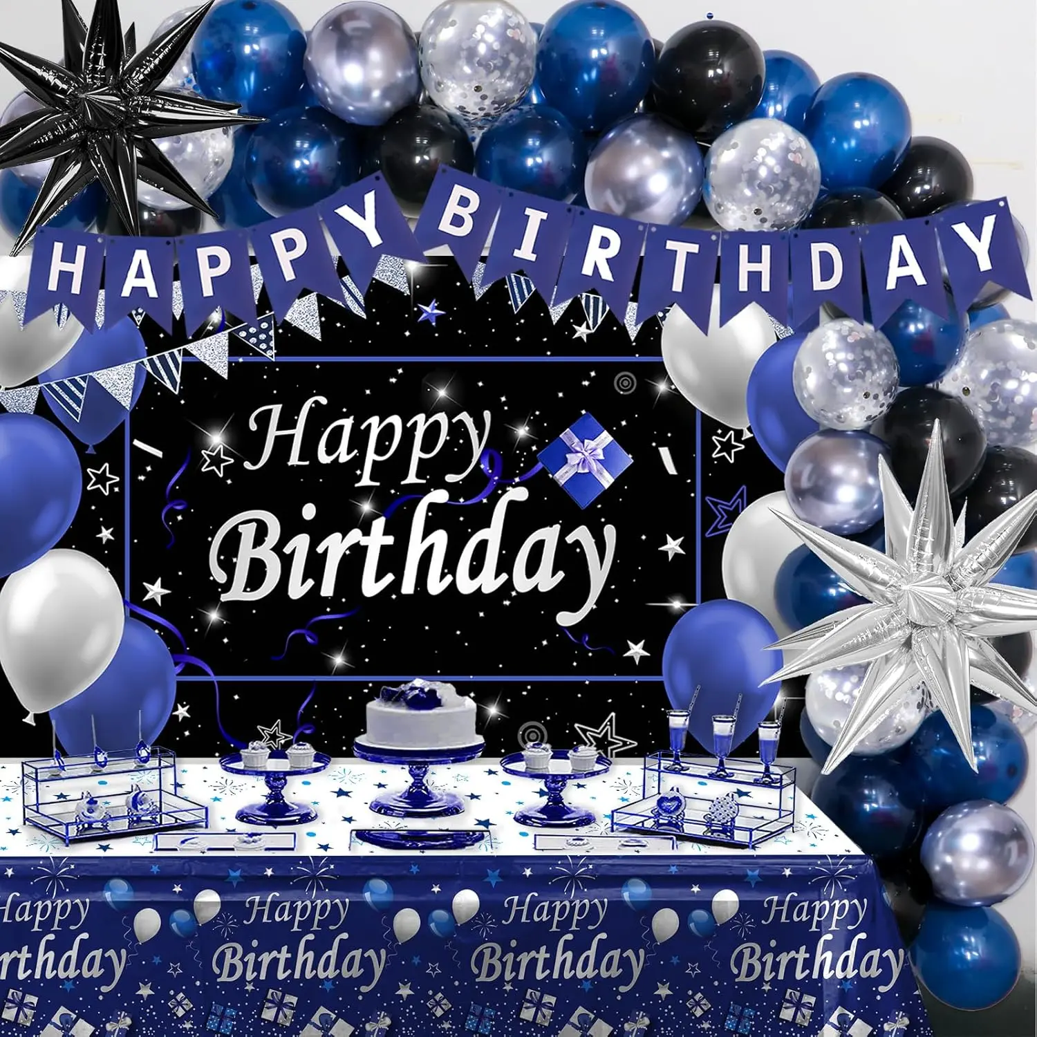 75PCS Blue Black Silver Birthday Party Decoration Kit with Banner, Balloons & Tablecloth Set