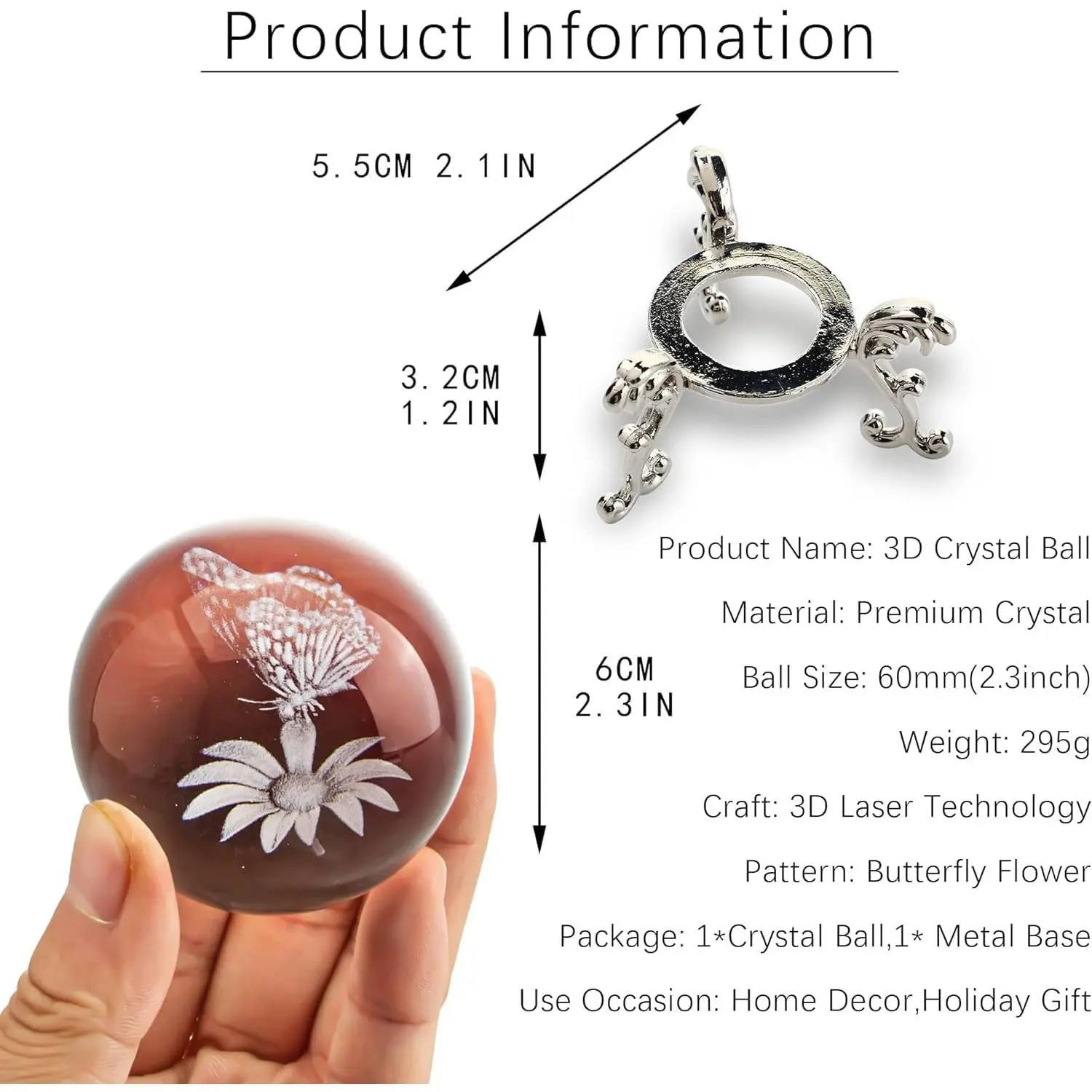 F-SO22 60mm Butterfly Crystal Ball Paperweight,3D Laser Engraved Butterfly on Sunflower in Glass Ball with Stand Decorative Glass Sphere Home Decor Gifts for Women Girls