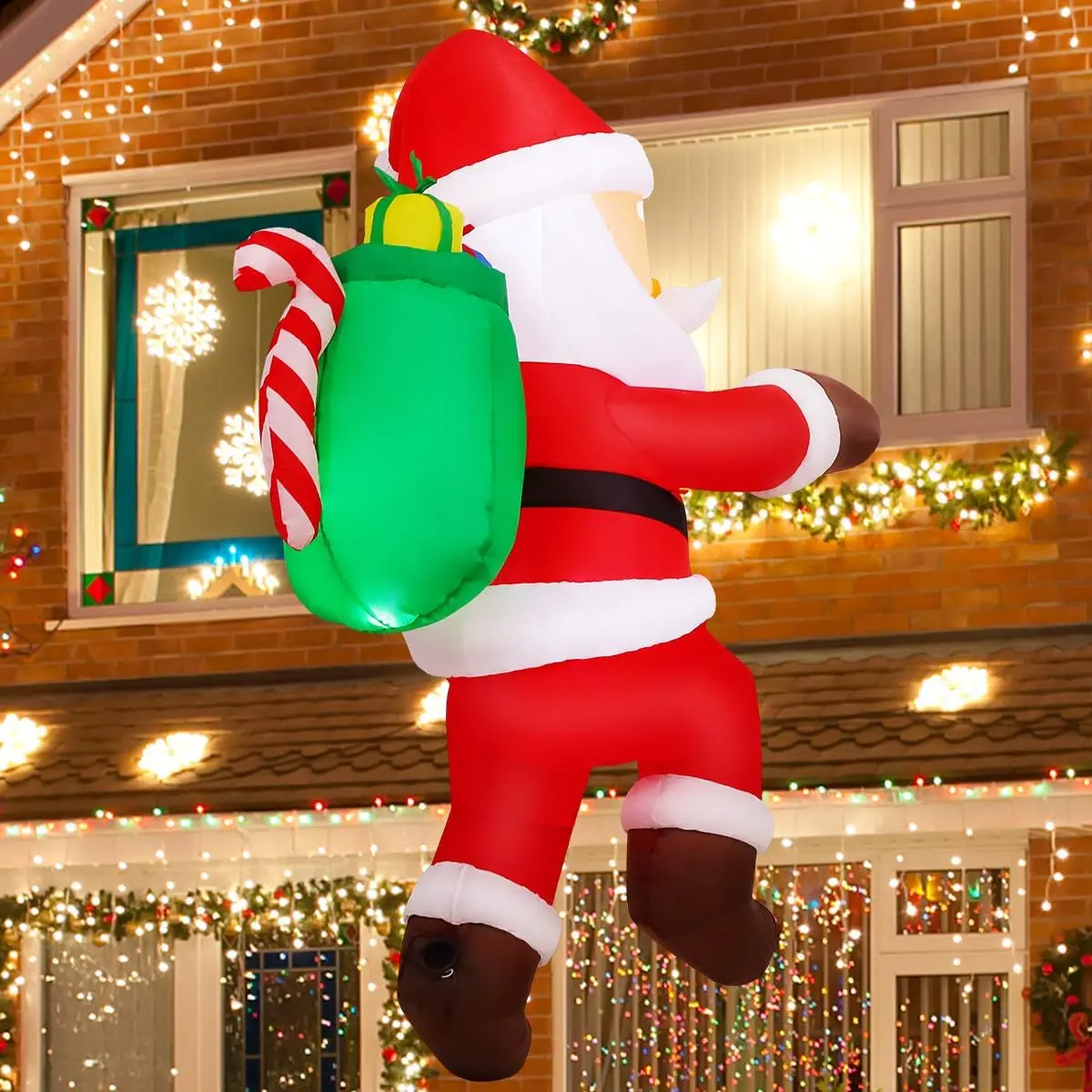 GOOSH 6.2 FT Christmas Inflatables Santa Claus Outdoor Decorations Blow Up Yard Hanging Santa Climbing to The Roof with Presents Bag with Built-in LEDs for Garden Lawn Indoor Party Decor