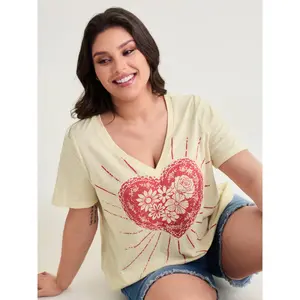 BLOOMCHIC Plus Size Cotton Spandex Fabric Short-Sleeve T-Shirt - Sweetheart Print, Casual Fit, M-6X Sizes, 2026 Summer Vibes Deal