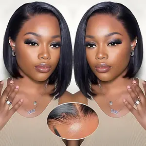 HERSMILE Short Bob Wigs Human Hair 100% Raw Vietanmese Hair 5x5 hd Lace Wigs Human Hair Natural Color / Ombre Brown Color 200% Density Super Couble Drawn Pre Cut Glueless Wigs Wear and Go Wigs Pre Beached Knots Wigs