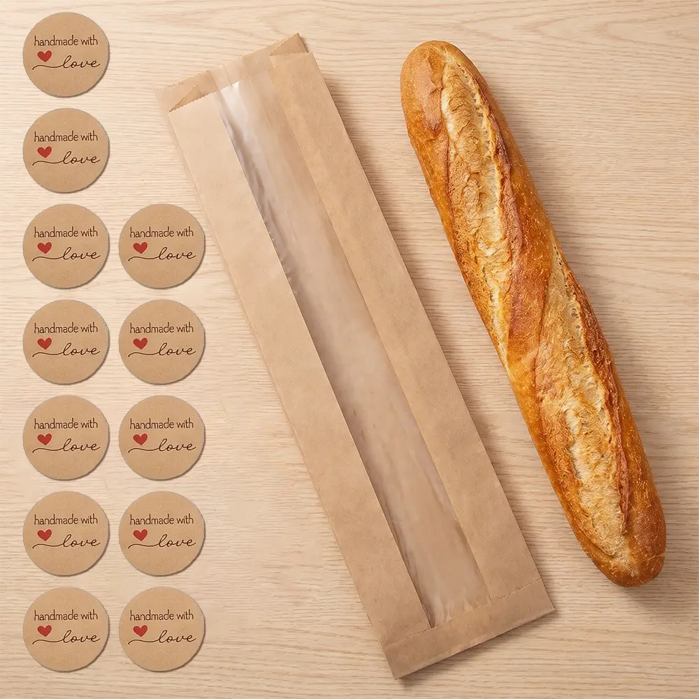 100 Pack Paper Baguette Bread Loaf Packing Bakery Storage Bags with Window for Homemade Bread, with 100 Seal stickers