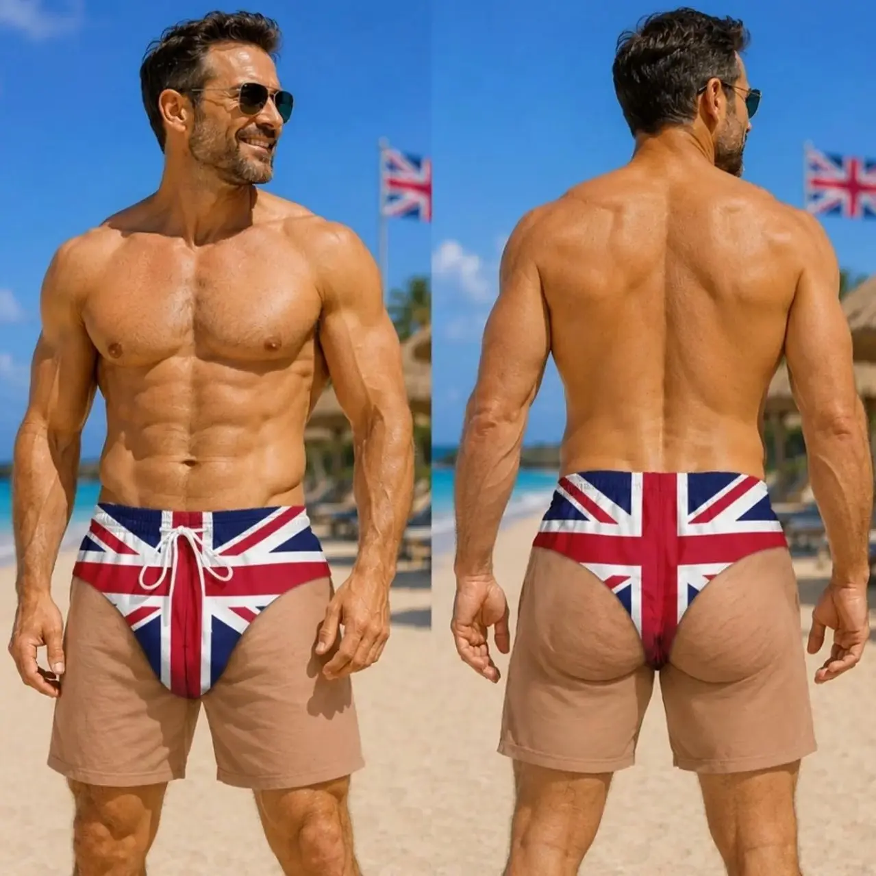 Men's Funny British Union Jack Mesh Swim Shorts - Above-the-Knee Male Swim Trunks for Festivals, Pool Parties, Gag Gifts, British Flag, Cold Wash