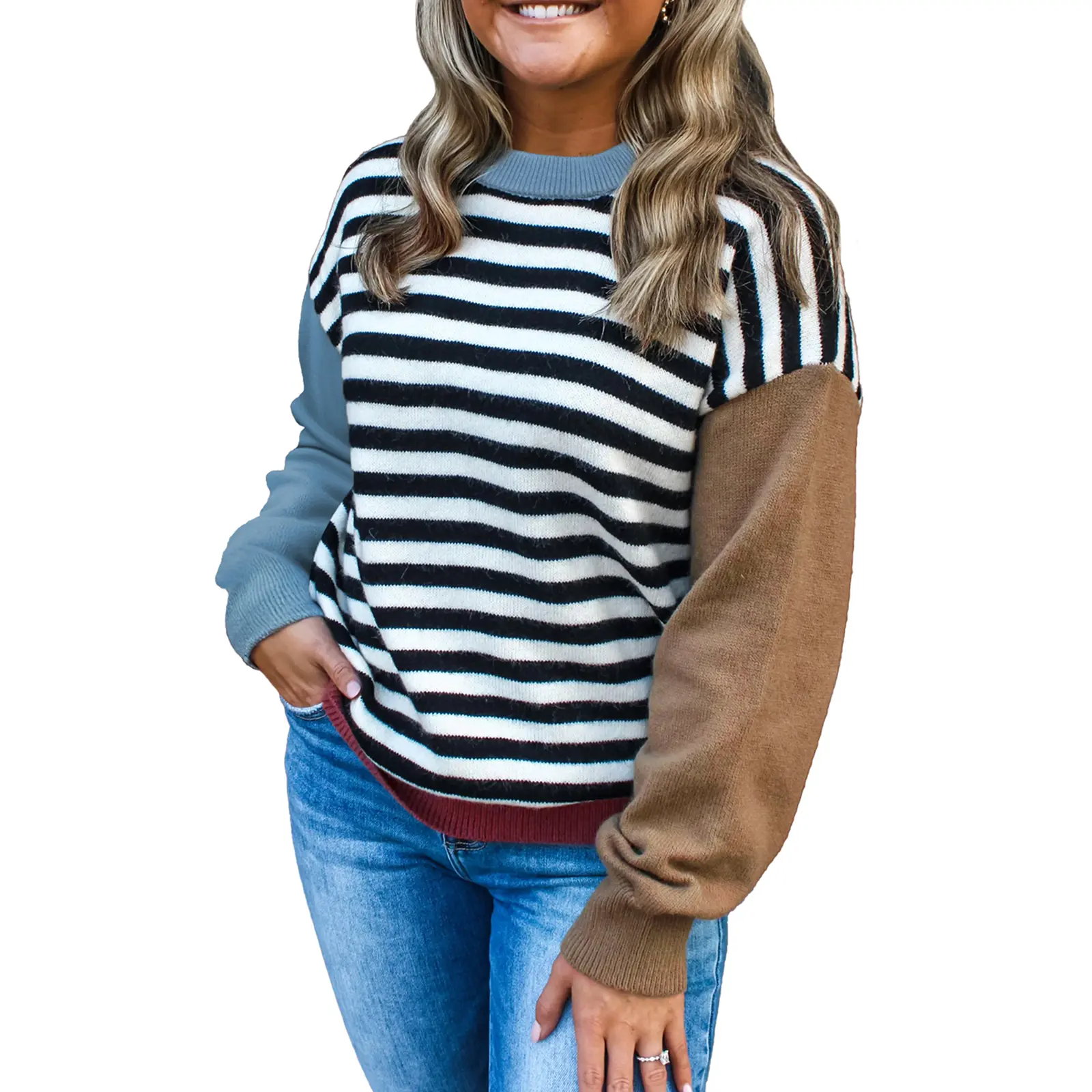 Fall Winter Women's Color Block Striped Crew Neck Balloon Sleeve Knit Sweater Pullover
