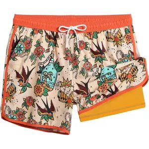 Mens Short 80s 90s Vintage 5.5" Swim Trunks Swimsuits Board Shorts Compression Liner Quick Dry 2 in 1 Beach Swimwear