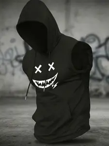 Men's Sleeveless Hooded "Evil Grin" Graphic Tank Top - Edgy Rebel Vibe, White X-Eyes & Sharp Grin Print, Soft Stretchy Fabric, Perfect for Gym Training, Running, Streetwear & Casual Wear, Bold Performance Top for Fitness Enthusiasts & Alternative Style Fa
