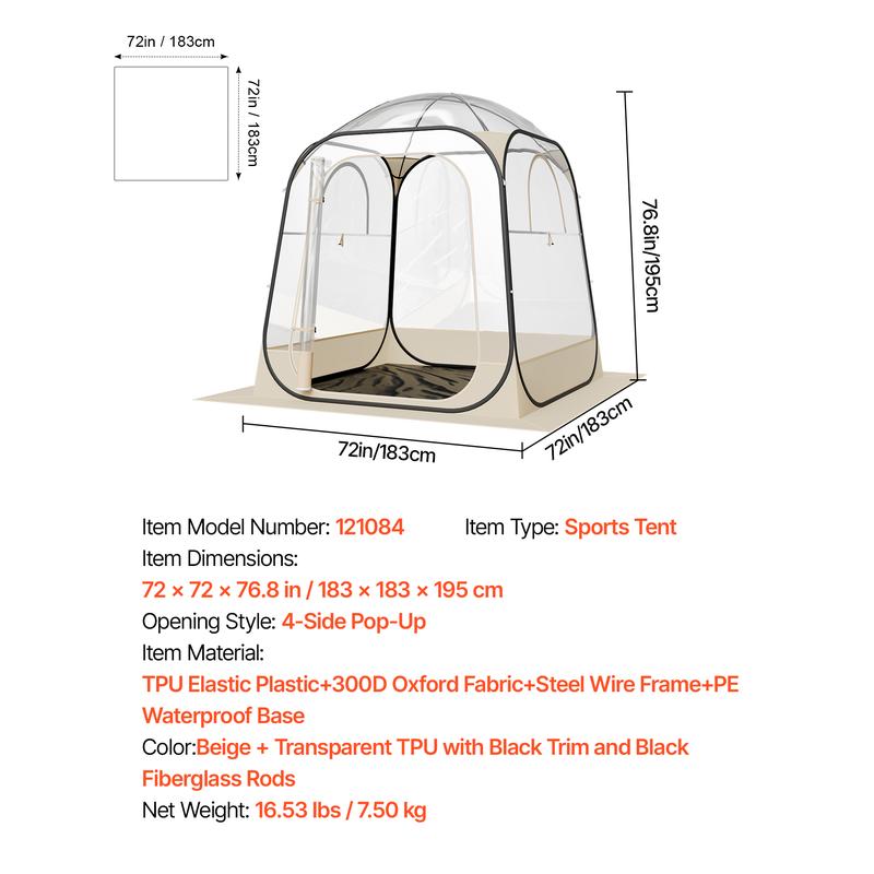VEVOR Pop up Sports Tent,  72x72 in Clear Bubble Tent for 2-4 Persons, Waterproof Outdoor Pod with Floor Mat & Top Cover, Garden Igloo Dome Tents Camping Shelter for Events Fishing Cheering