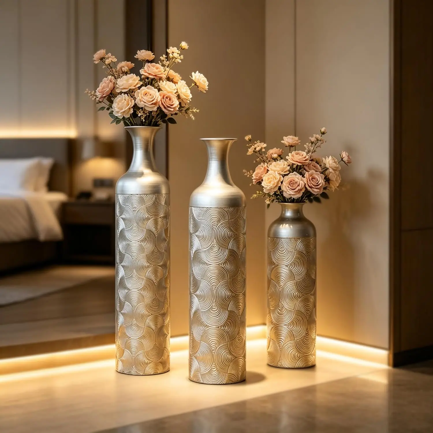 Silver Metal Vases, Set of 3 Modern Floor Vases with Wave Pattern for Home Decor, Tall Cylinder Flower Vases for Living Room Office (32.68, 25.98, 19.69 Inch)