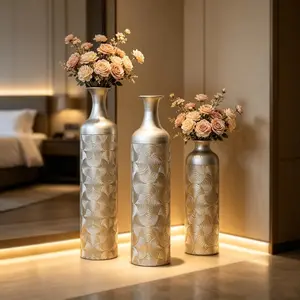 Silver Metal Vases, Set of 3 Modern Floor Vases with Wave Pattern for Home Decor, Tall Cylinder Flower Vases for Living Room Office (32.68, 25.98, 19.69 Inch)