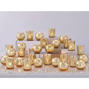 48PCS Assorted Gold Votive Candle Holders Bulk, Gold Wedding Decorations, Mercury Glass Candle Holder for Tea Lights, Christmas Party Diwali Centerpieces for Table, Wedding Party Supplies