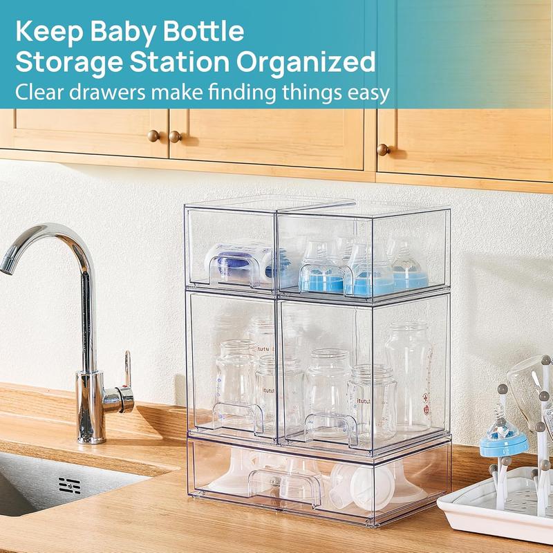Vtopmart Stackable Storage Drawers Set of 5/8 Clear Plastic Organizer Bins for Nursery Bottle Station and Beauty Supplies Vanity Bathroom Cabinet Pantry Organization Multi-Size Flexible Design BPA-Free Safe New Year Gift