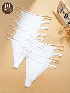10 Pack Seamless Underwear Comfortable Breathable Women's Thong Panties, Sexy Plain Design, Thin Fitted Fabric, All Season Wear, Elegant Soft Panty