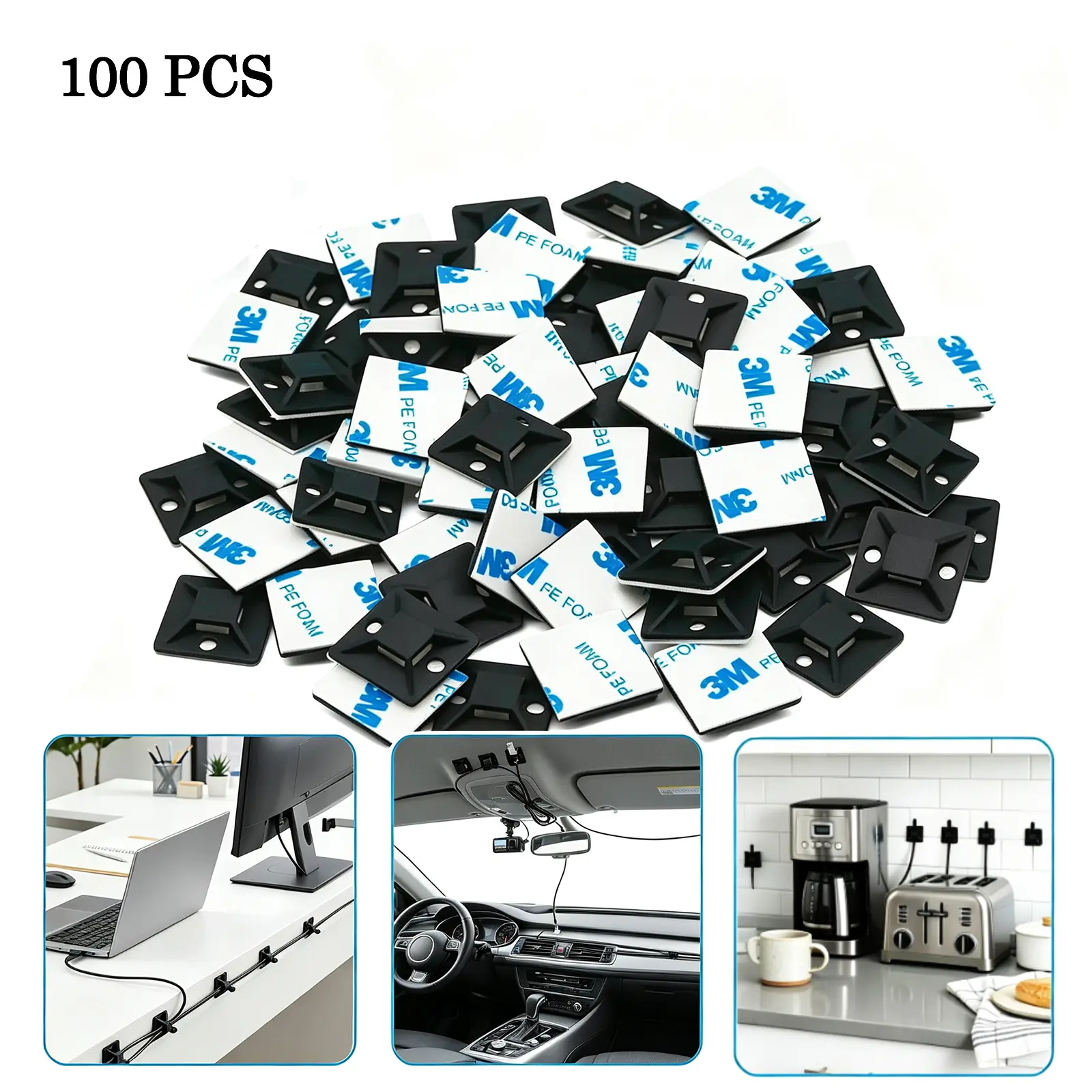3/4-Inch Black Self-Adhesive Cable Tie Mounts - 100PCS Screwless Wire Clips Holders for Organizing Cables, Adhesive Anchors for Home Office Car Desk